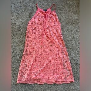 Lily Rose Coral Pink Lace Overlay Mini Halter Dress